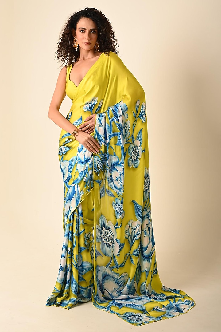 Green Satin Georgette Digital Printed Party Wear Saree Set by Isadaa by Rotna Dutt at Pernia's Pop Up Shop