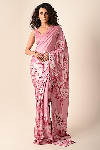 Pink Satin Georgette Digital Printed Saree Set by Isadaa by Rotna Dutt