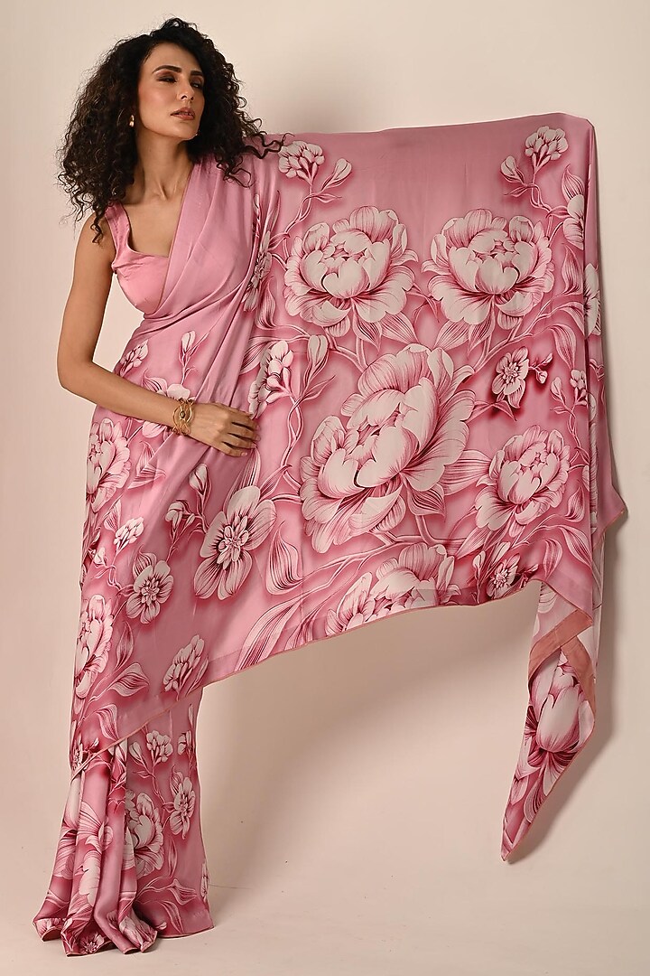 Pink Satin Georgette Digital Printed Party Wear Saree Set by Isadaa by Rotna Dutt at Pernia's Pop Up Shop