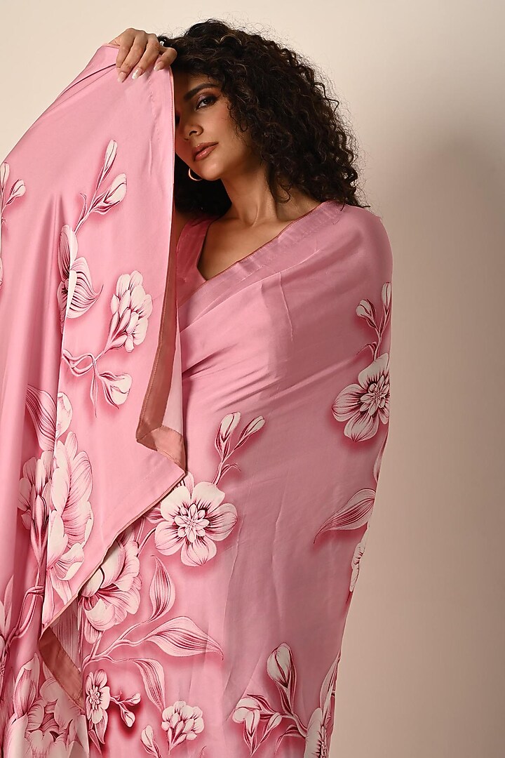 Pink Satin Georgette Digital Printed Party Wear Saree Set by Isadaa by Rotna Dutt at Pernia's Pop Up Shop