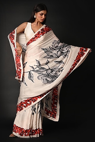 White Satin Georgette Digital Printed Saree Set by Isadaa by Rotna Dutt
