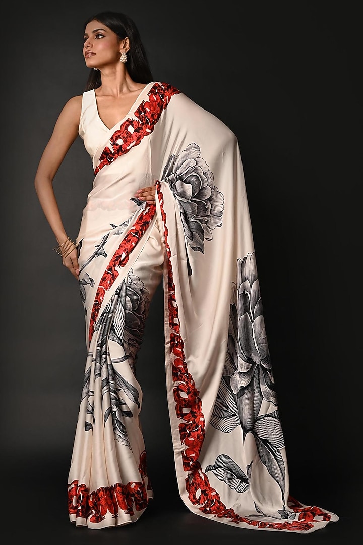 White Satin Georgette Digital Printed Party Wear Saree Set by Isadaa by Rotna Dutt at Pernia's Pop Up Shop