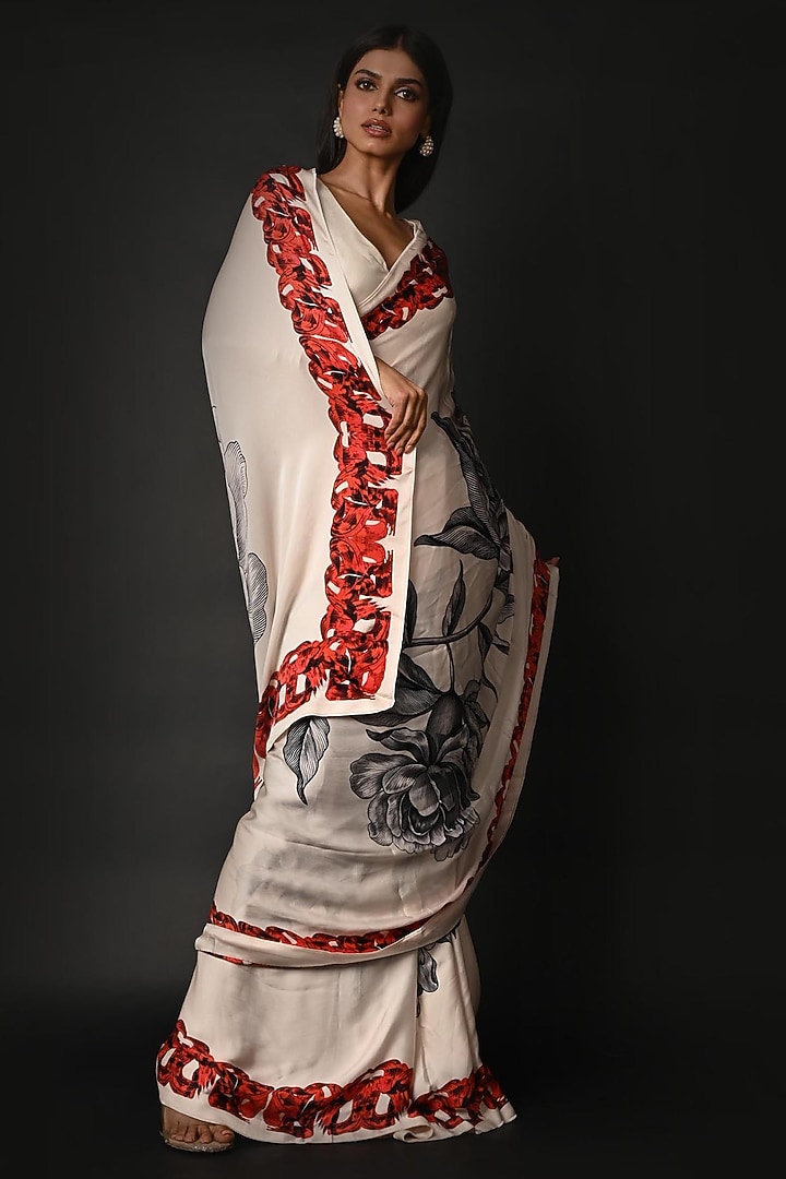 White Satin Georgette Digital Printed Party Wear Saree Set by Isadaa by Rotna Dutt at Pernia's Pop Up Shop