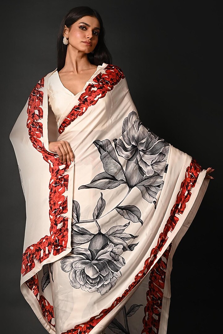 White Satin Georgette Digital Printed Party Wear Saree Set by Isadaa by Rotna Dutt at Pernia's Pop Up Shop