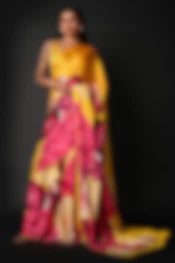 Yellow Satin Georgette Digital Printed Party Wear Saree Set by Isadaa by Rotna Dutt at Pernia's Pop Up Shop