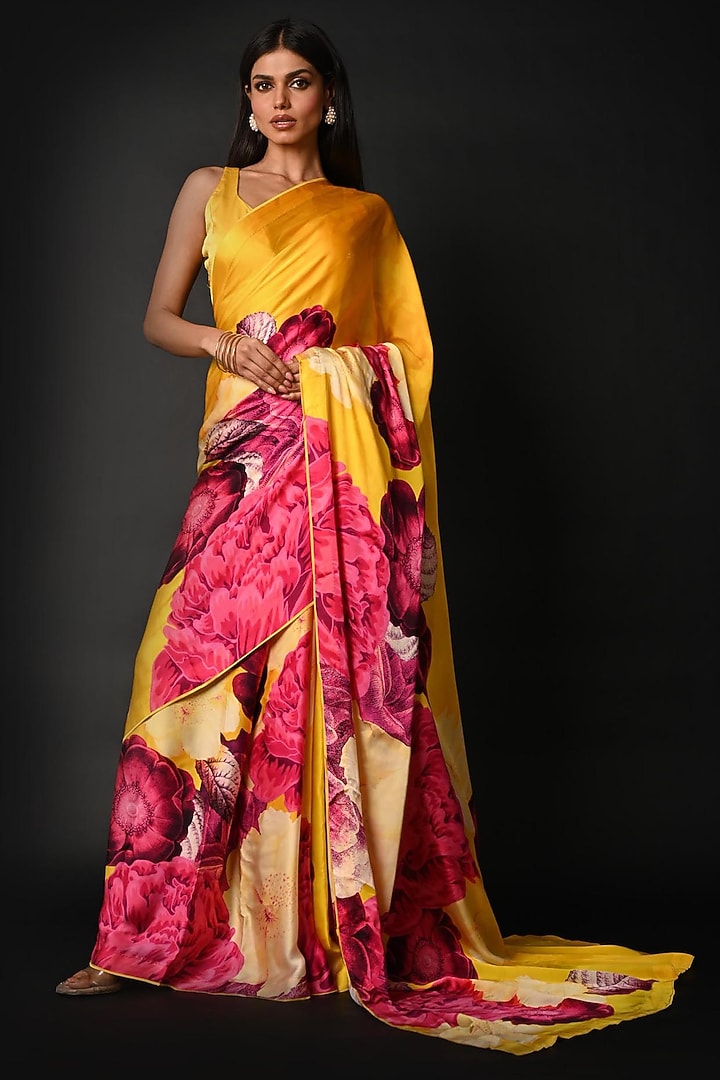 Yellow Satin Georgette Digital Printed Party Wear Saree Set by Isadaa by Rotna Dutt at Pernia's Pop Up Shop