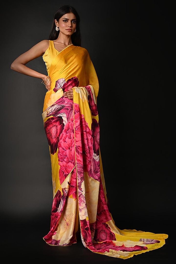 Yellow Satin Georgette Digital Printed Party Wear Saree Set by Isadaa by Rotna Dutt at Pernia's Pop Up Shop