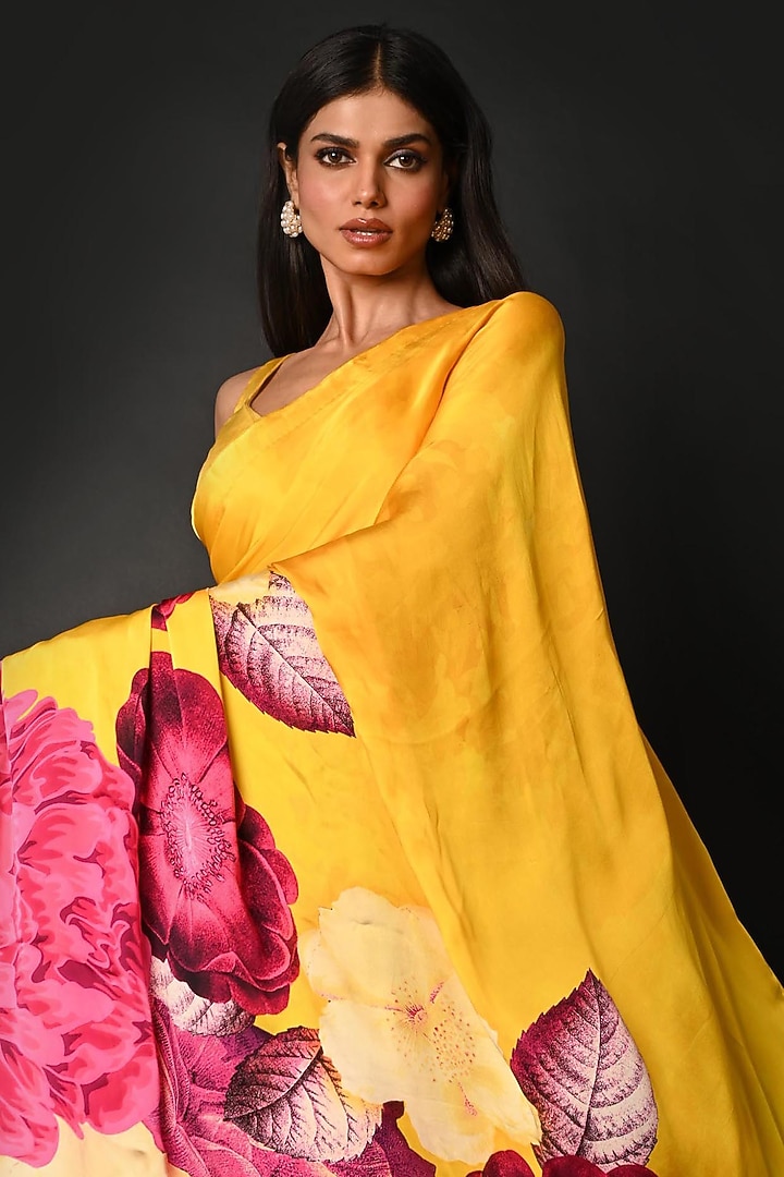 Yellow Satin Georgette Digital Printed Party Wear Saree Set by Isadaa by Rotna Dutt at Pernia's Pop Up Shop