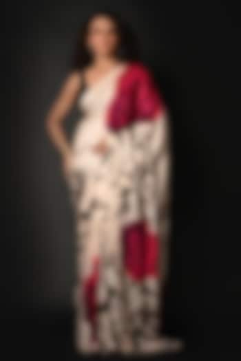 White Satin Georgette Digital Printed Party Wear Saree Set by Isadaa by Rotna Dutt at Pernia's Pop Up Shop