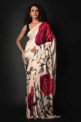 White Satin Georgette Digital Printed Saree Set by Isadaa by Rotna Dutt