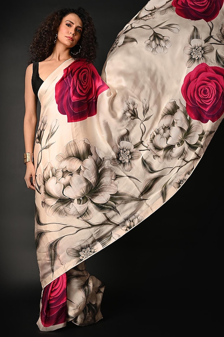 White Satin Georgette Digital Printed Party Wear Saree Set by Isadaa by Rotna Dutt at Pernia's Pop Up Shop