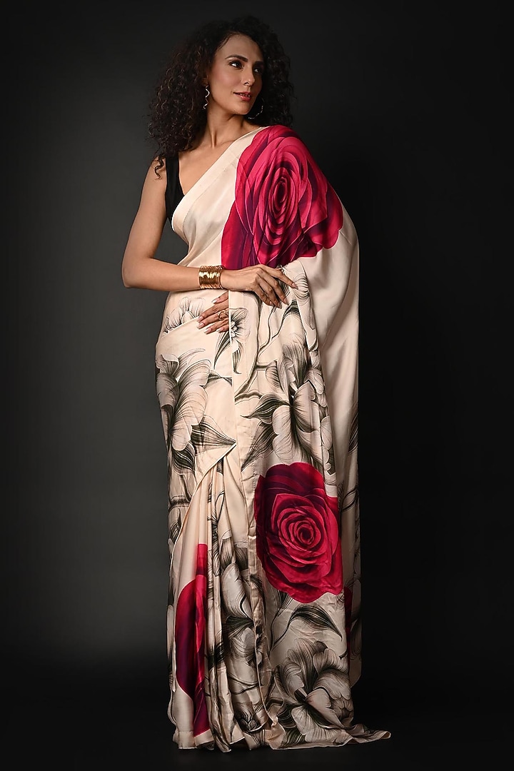 White Satin Georgette Digital Printed Party Wear Saree Set by Isadaa by Rotna Dutt at Pernia's Pop Up Shop