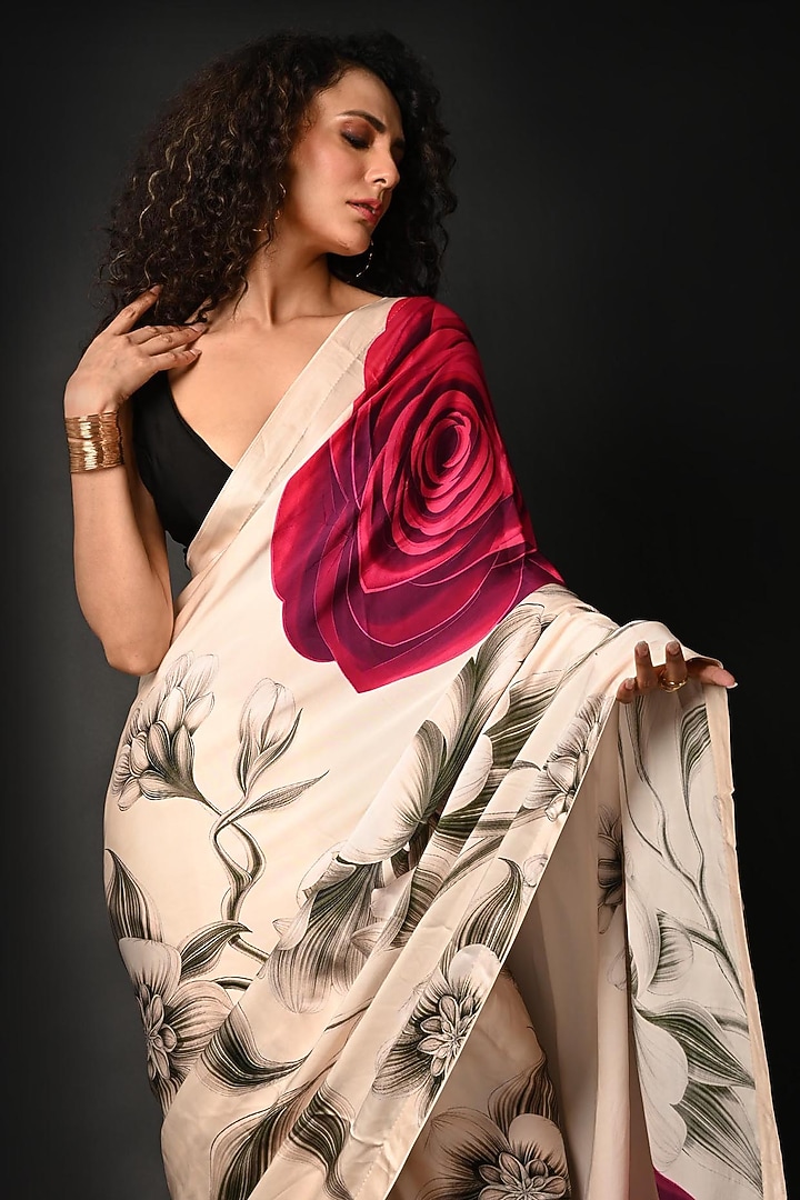 White Satin Georgette Digital Printed Party Wear Saree Set by Isadaa by Rotna Dutt at Pernia's Pop Up Shop