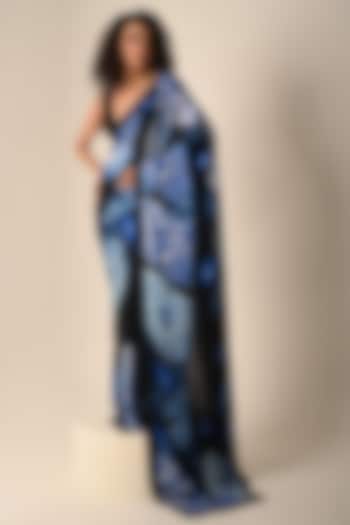 Black Satin Georgette Digital Printed Party Wear Saree Set by Isadaa by Rotna Dutt at Pernia's Pop Up Shop