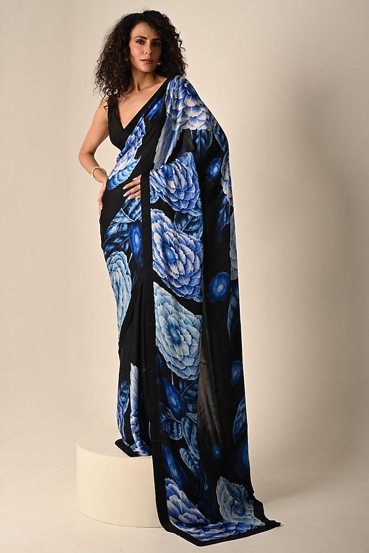 Black Satin Georgette Digital Printed Party Wear Saree Set by Isadaa by Rotna Dutt at Pernia's Pop Up Shop