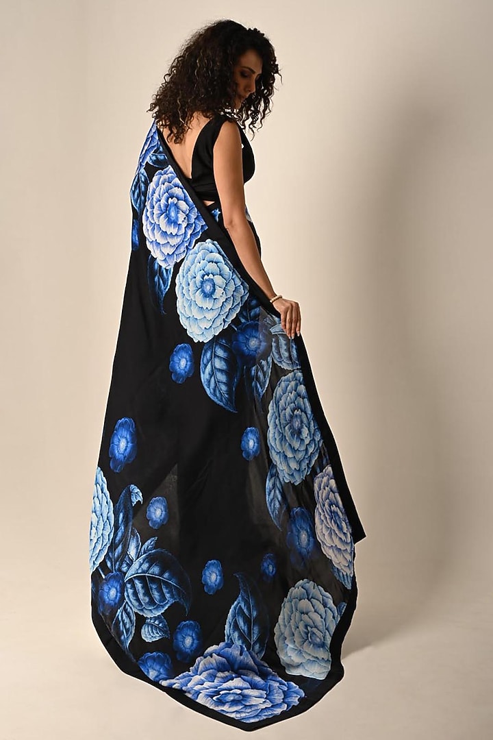 Black Satin Georgette Digital Printed Party Wear Saree Set by Isadaa by Rotna Dutt at Pernia's Pop Up Shop