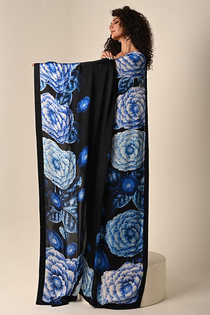 Black Satin Georgette Digital Printed Party Wear Saree Set by Isadaa by Rotna Dutt at Pernia's Pop Up Shop