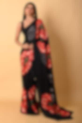 Black Satin Georgette Digital Printed Party Wear Saree Set by Isadaa by Rotna Dutt at Pernia's Pop Up Shop