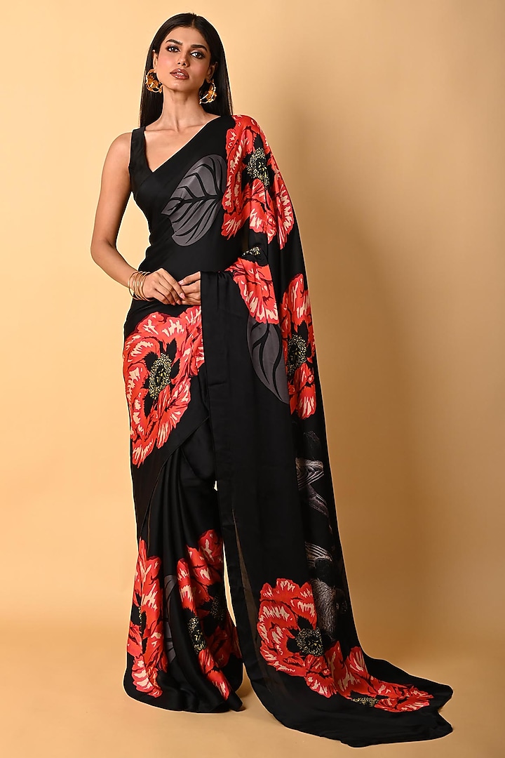 Black Satin Georgette Digital Printed Party Wear Saree Set by Isadaa by Rotna Dutt at Pernia's Pop Up Shop