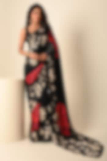 Black Satin Georgette Digital Printed Party Wear Saree Set by Isadaa by Rotna Dutt at Pernia's Pop Up Shop