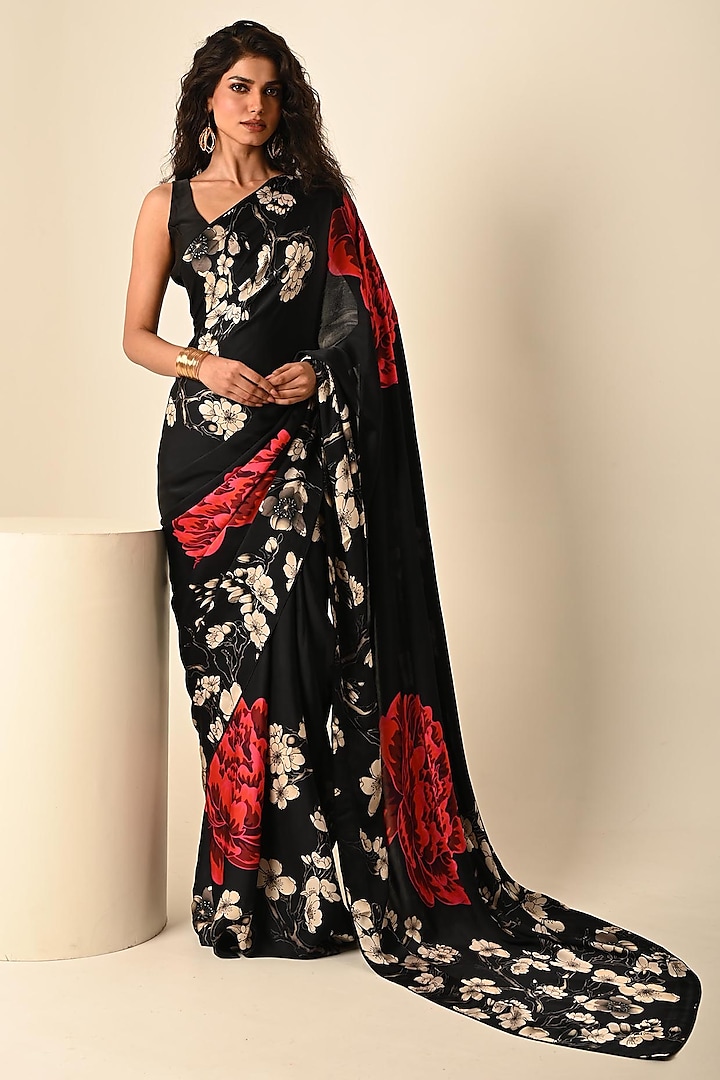 Black Satin Georgette Digital Printed Party Wear Saree Set by Isadaa by Rotna Dutt at Pernia's Pop Up Shop