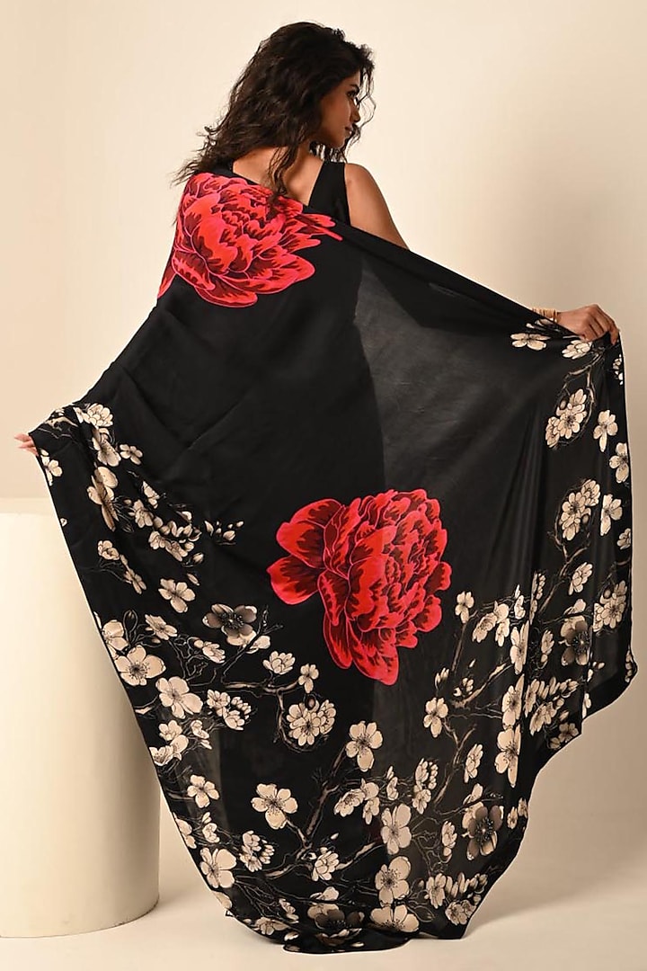 Black Satin Georgette Digital Printed Party Wear Saree Set by Isadaa by Rotna Dutt at Pernia's Pop Up Shop