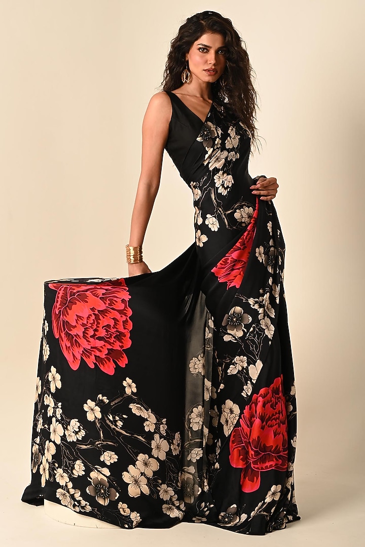 Black Satin Georgette Digital Printed Party Wear Saree Set by Isadaa by Rotna Dutt at Pernia's Pop Up Shop