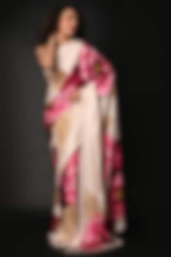 White Satin Georgette Digital Printed Party Wear Saree Set by Isadaa by Rotna Dutt at Pernia's Pop Up Shop