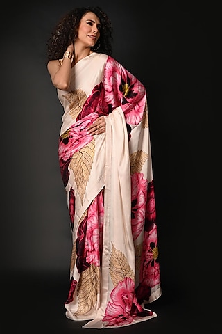 White Satin Georgette Digital Printed Saree Set by Isadaa by Rotna Dutt