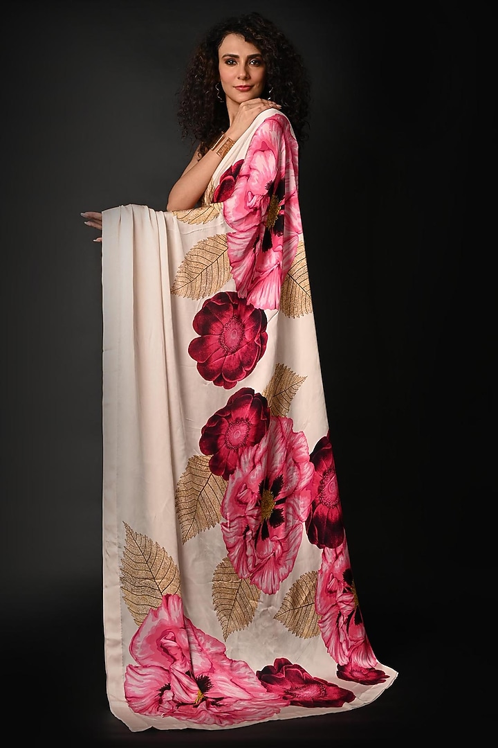 White Satin Georgette Digital Printed Party Wear Saree Set by Isadaa by Rotna Dutt at Pernia's Pop Up Shop