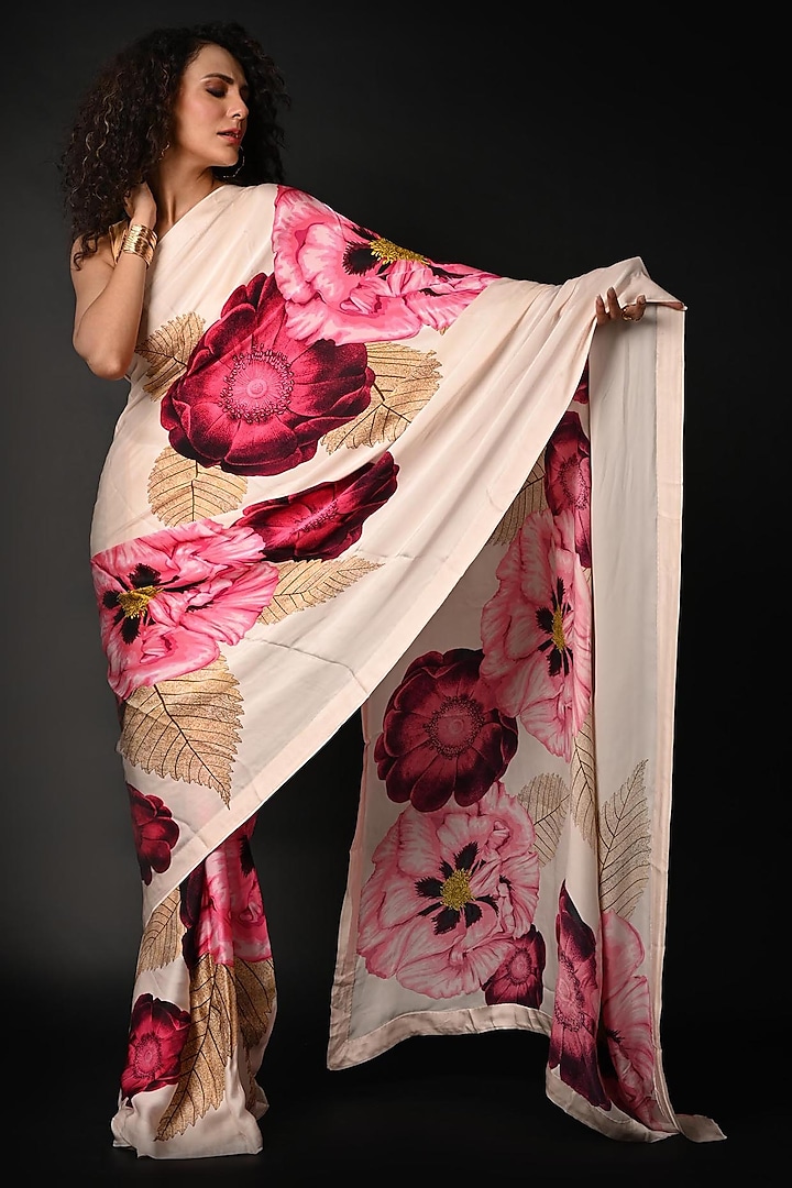 White Satin Georgette Digital Printed Party Wear Saree Set by Isadaa by Rotna Dutt at Pernia's Pop Up Shop