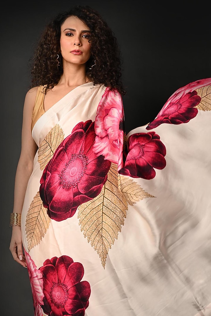 White Satin Georgette Digital Printed Party Wear Saree Set by Isadaa by Rotna Dutt at Pernia's Pop Up Shop