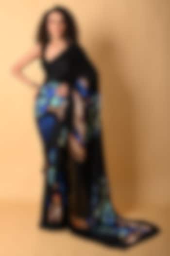 Black Satin Georgette Digital Printed Party Wear Saree Set by Isadaa by Rotna Dutt at Pernia's Pop Up Shop