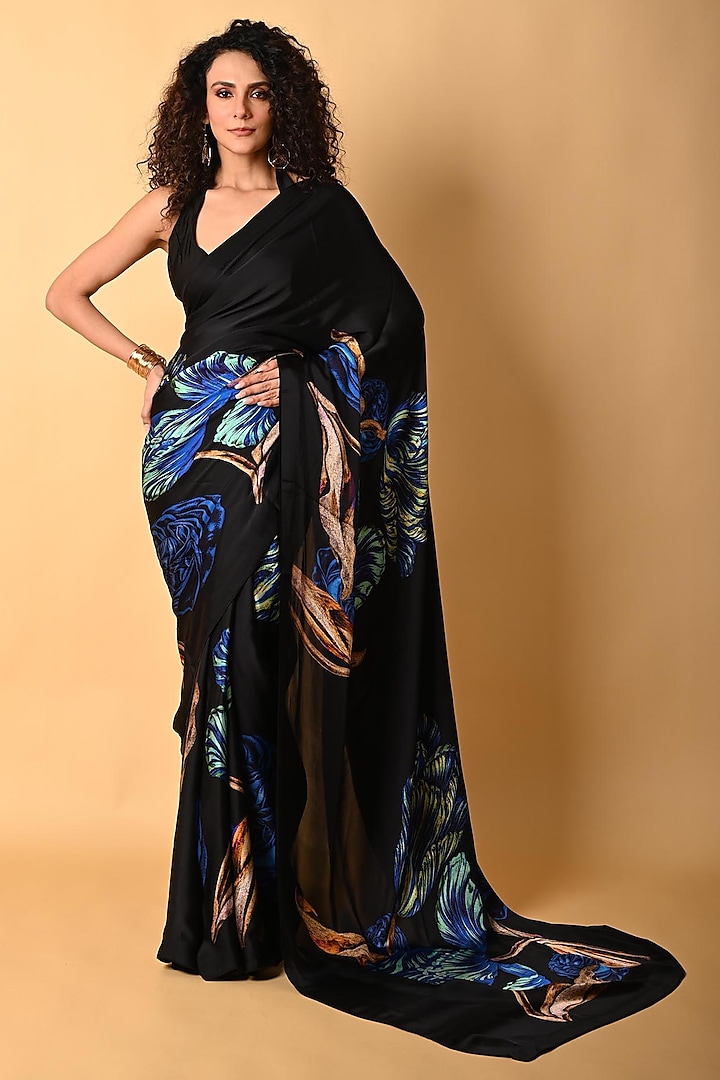 Black Satin Georgette Digital Printed Party Wear Saree Set by Isadaa by Rotna Dutt at Pernia's Pop Up Shop