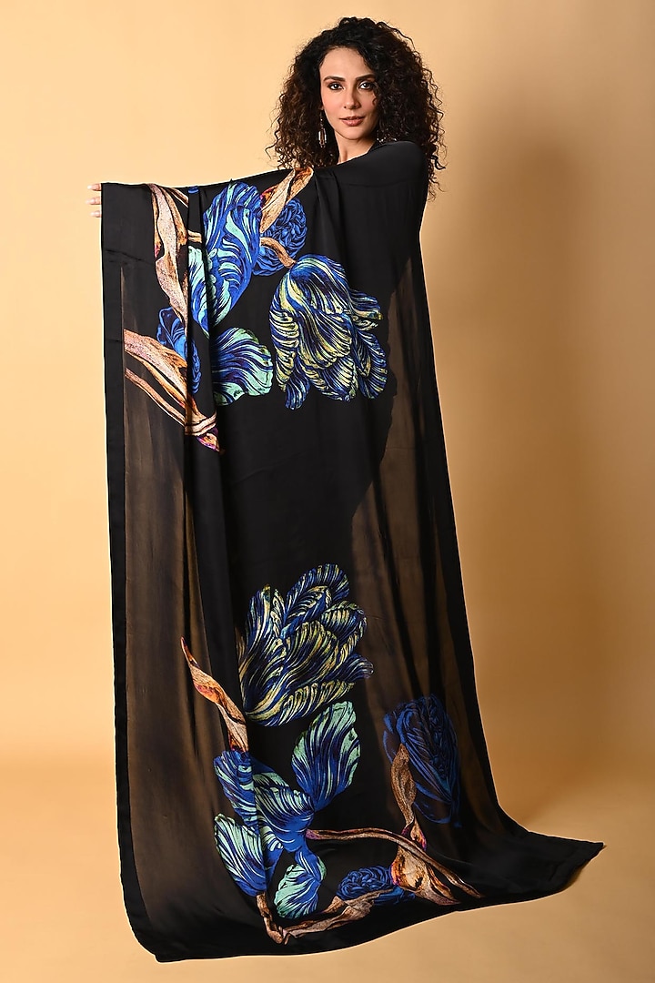 Black Satin Georgette Digital Printed Party Wear Saree Set by Isadaa by Rotna Dutt at Pernia's Pop Up Shop