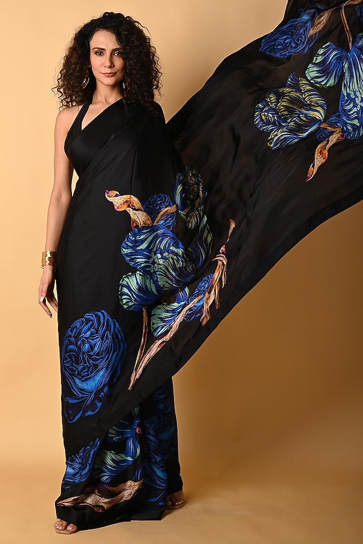 Black Satin Georgette Digital Printed Party Wear Saree Set by Isadaa by Rotna Dutt at Pernia's Pop Up Shop
