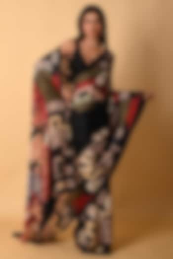 Black Satin Georgette Digital Printed Party Wear Saree Set by Isadaa by Rotna Dutt at Pernia's Pop Up Shop
