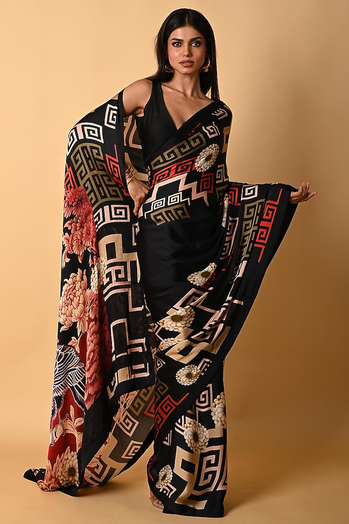 Black Satin Georgette Digital Printed Party Wear Saree Set by Isadaa by Rotna Dutt at Pernia's Pop Up Shop
