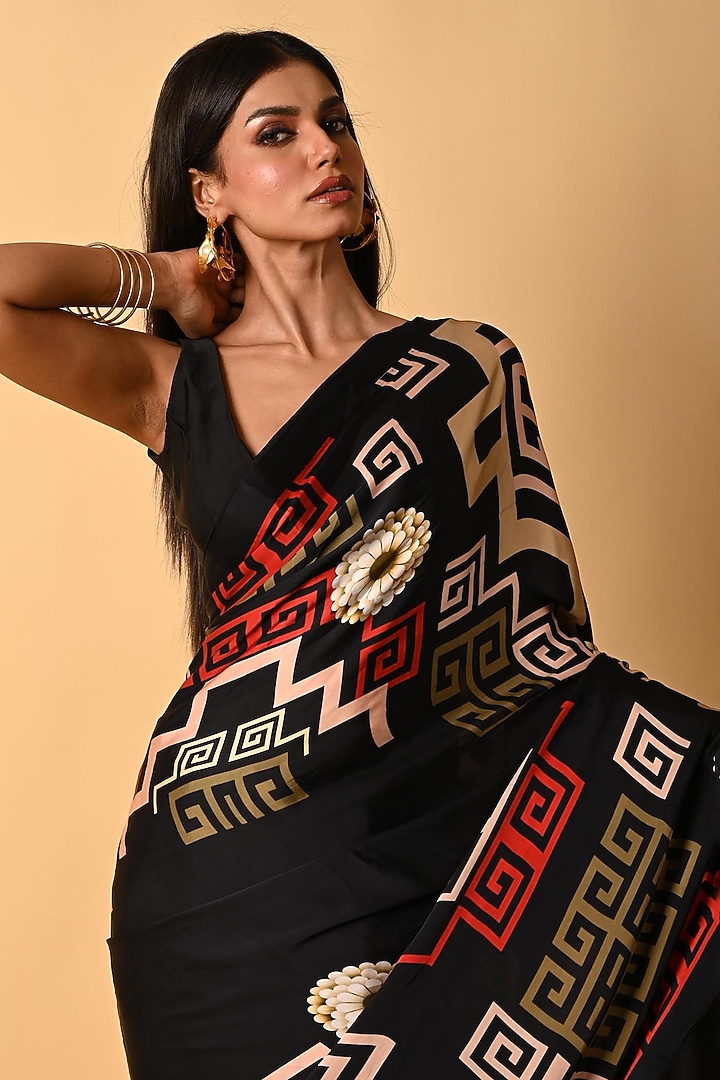 Black Satin Georgette Digital Printed Party Wear Saree Set by Isadaa by Rotna Dutt at Pernia's Pop Up Shop