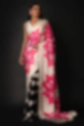 White Satin Georgette Digital Printed Party Wear Saree Set by Isadaa by Rotna Dutt at Pernia's Pop Up Shop