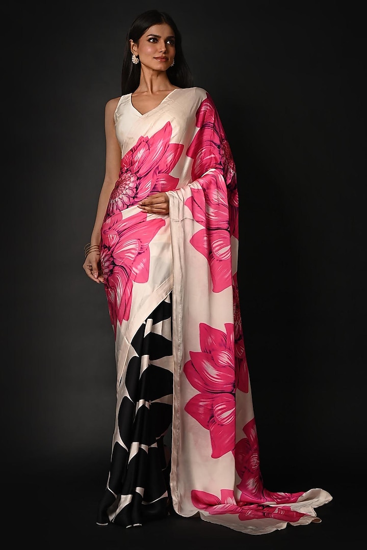 White Satin Georgette Digital Printed Party Wear Saree Set by Isadaa by Rotna Dutt at Pernia's Pop Up Shop