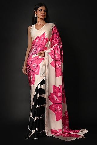 White Satin Georgette Digital Printed Saree Set by Isadaa by Rotna Dutt