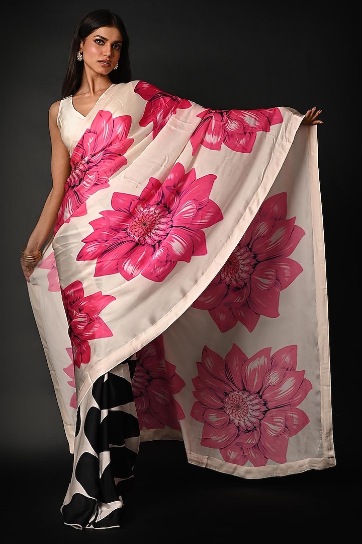 White Satin Georgette Digital Printed Party Wear Saree Set by Isadaa by Rotna Dutt at Pernia's Pop Up Shop