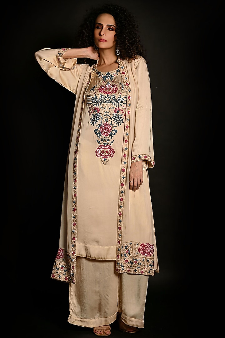 Ivory Satin Georgette Sequins Hand Embroidered Kurta Set by Isadaa by Rotna Dutt at Pernia's Pop Up Shop