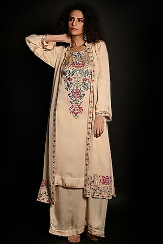 Ivory Satin Georgette Sequins Hand Embroidered Kurta Set by Isadaa by Rotna Dutt