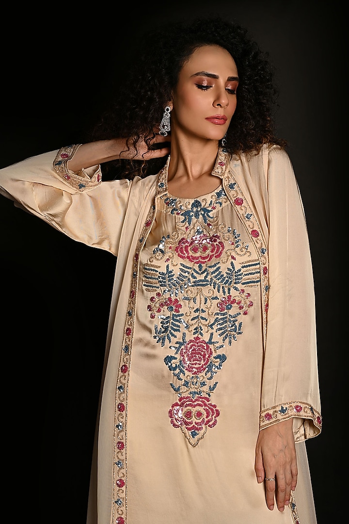 Ivory Satin Georgette Sequins Hand Embroidered Kurta Set by Isadaa by Rotna Dutt at Pernia's Pop Up Shop