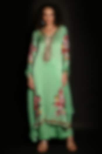 Green Satin Georgette Sequins Hand Embroidered Kurta Set by Isadaa by Rotna Dutt at Pernia's Pop Up Shop
