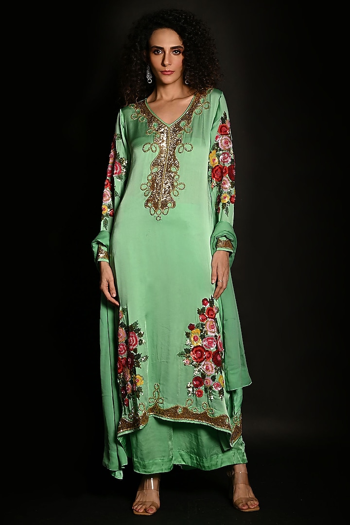 Green Satin Georgette Sequins Hand Embroidered Kurta Set by Isadaa by Rotna Dutt at Pernia's Pop Up Shop
