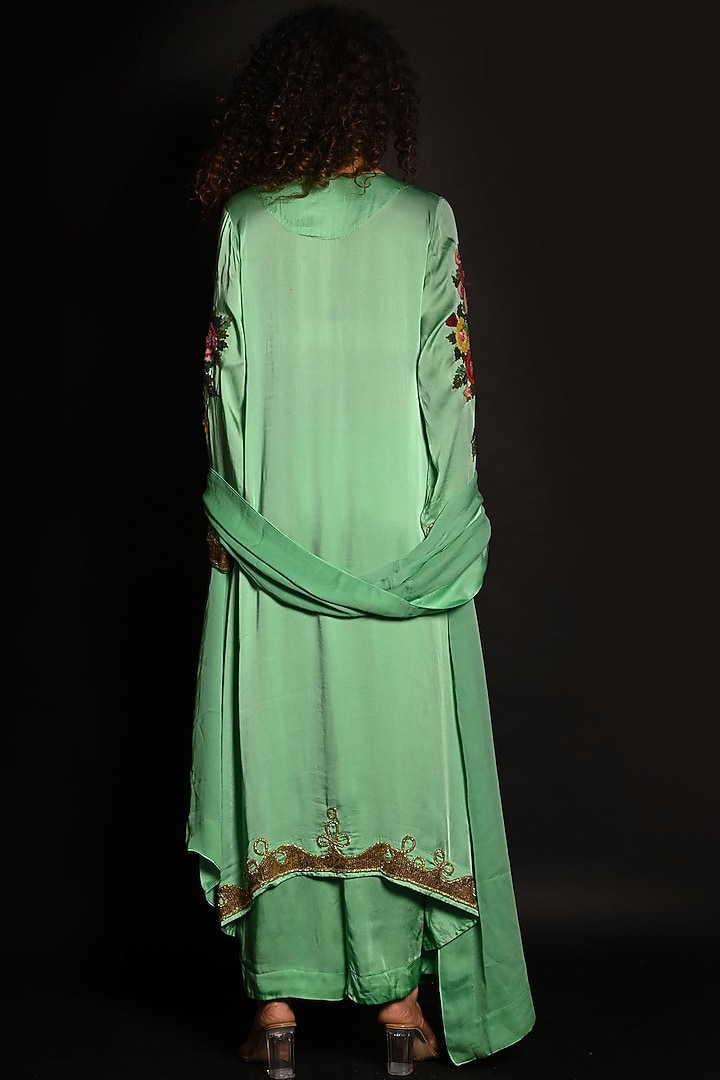 Green Satin Georgette Sequins Hand Embroidered Kurta Set by Isadaa by Rotna Dutt at Pernia's Pop Up Shop