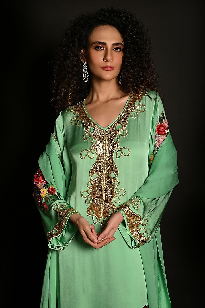 Green Satin Georgette Sequins Hand Embroidered Kurta Set by Isadaa by Rotna Dutt at Pernia's Pop Up Shop